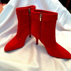 Vince Camuto red suede booties with cuff at the top. Size 8 1/2 M.